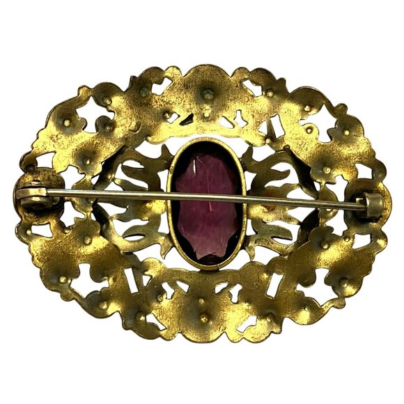 Victorian Brass Amethyst Purple Glass Sash Brooch Pin Art Nouveau 1800s - Picture 5 of 8
